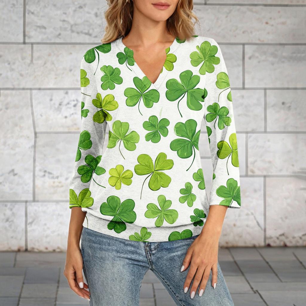 Women's 3/4 Sleeve Top With Cuffed Hem, V-Neck, Summer Casual -Shirt, St. Patrick's Day Printed Top