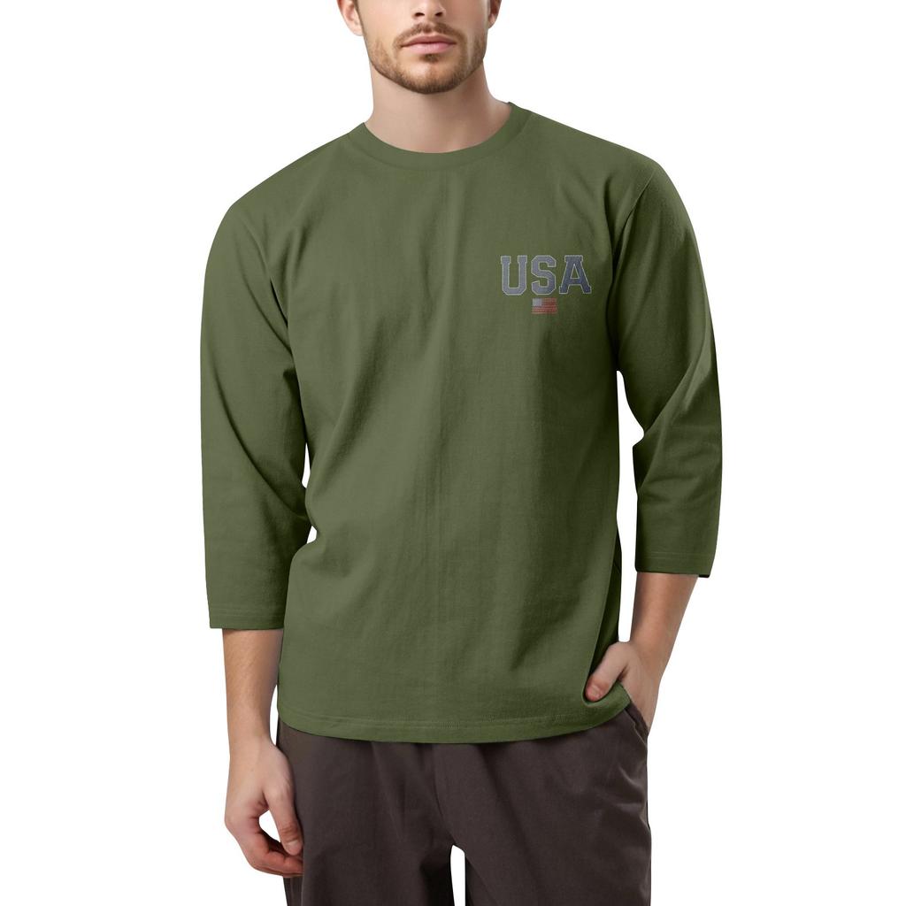 Men's casual and fashionable printed collar three-quarter sleeve top T-shirt