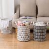 Round Folding Grid Stripe Laundry Storage Basket Clothes Holder Bucket Organizer