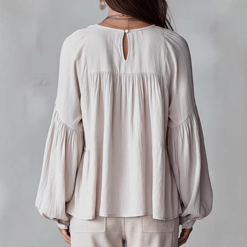 Casual Sweet V Neck Puff Sleeve Pleated Long Sleeve Women Shirt Top