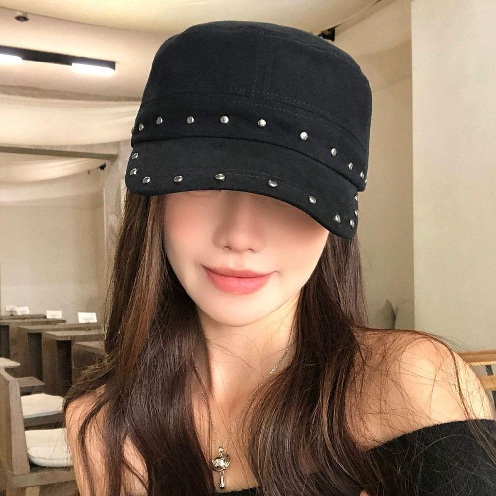 Cotton Rivet Flat Top Hat Y2k Equestrian Hat Personality Retro Baseball Cap Outdoor