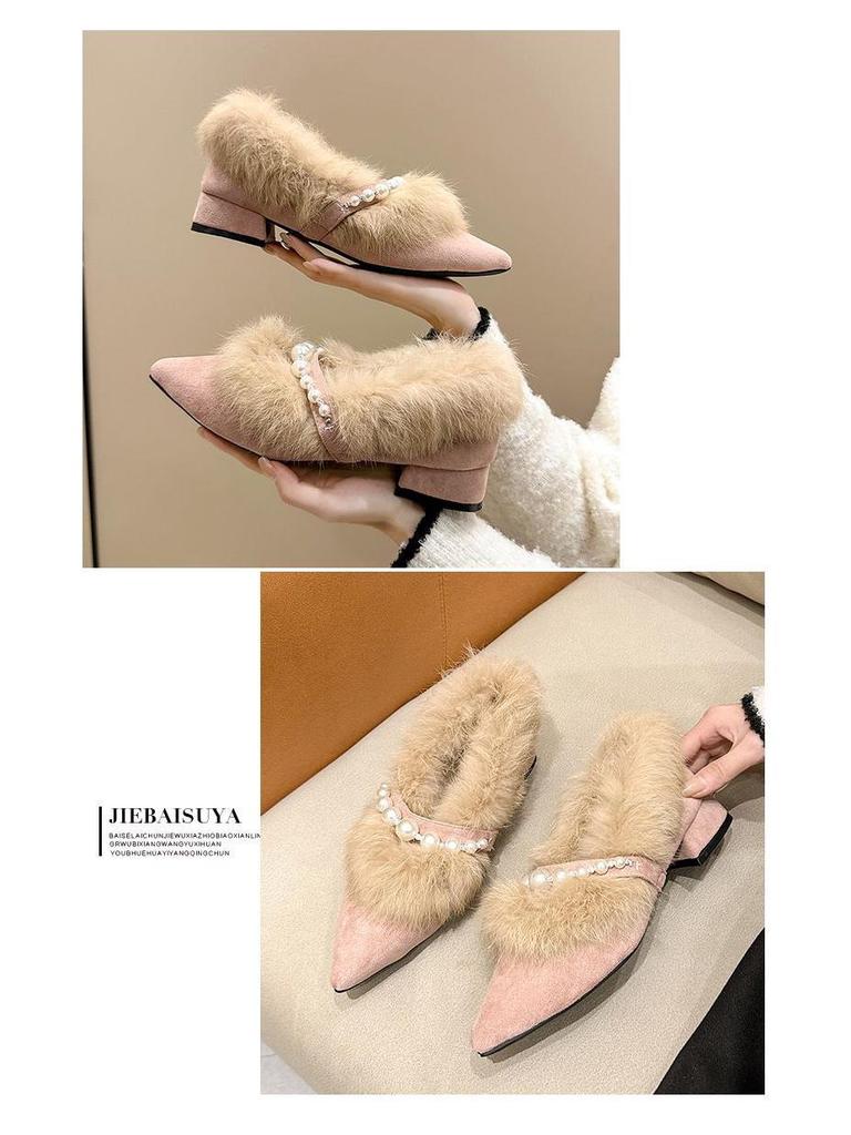 Women's Chunky Heel Suede Pointed Toe Low-Cut Furry Cotton Shoes for Autumn/Winter