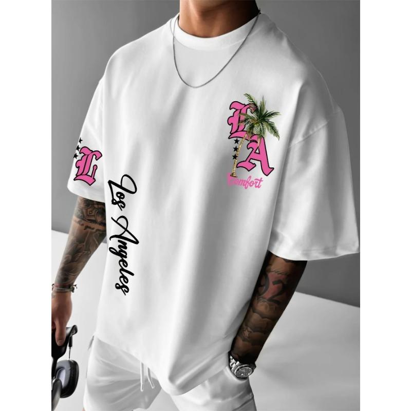 Summer Men s Letter and Tree Print Pattern Breathable and Comfortable T-shirt Outdoor Casual Top S