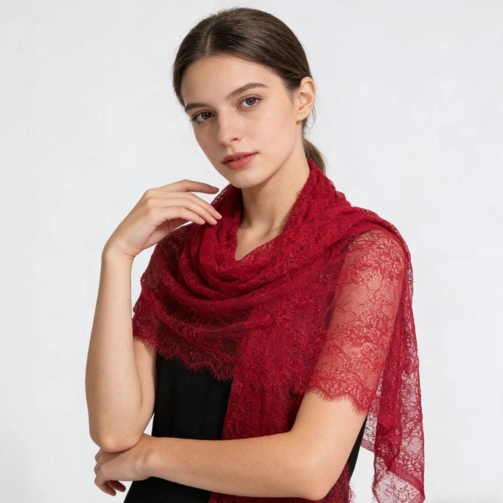 Solid Color Lace Scarf Long Decorative Scarf Elegant Flower Embroidered Veil