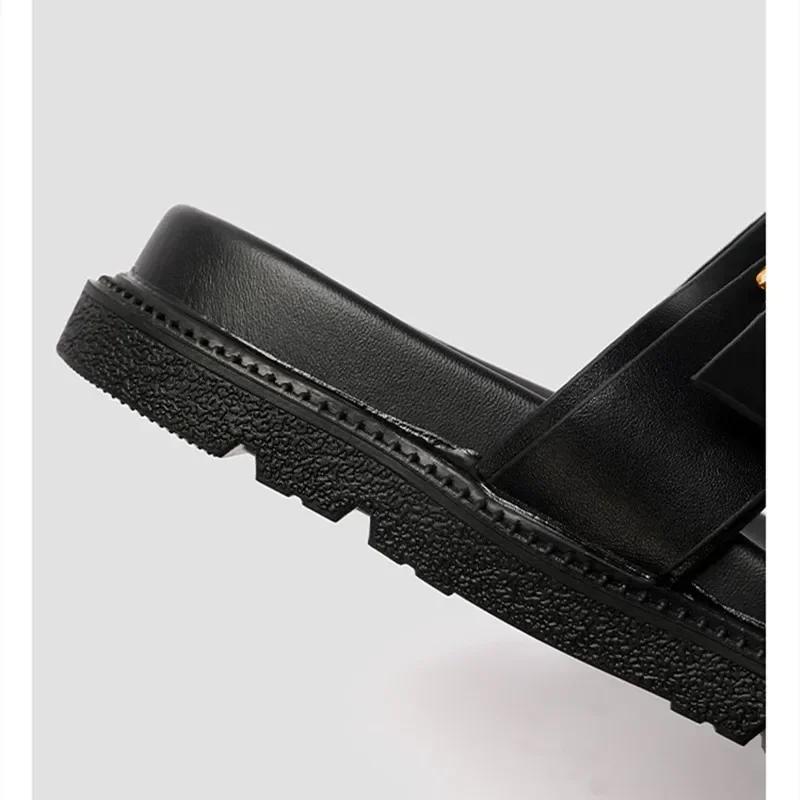 Luxury Platform Slippers for Women Summer High Quality Soft Leather Metal Buckle Slide Sandals Beach Flat Shoes