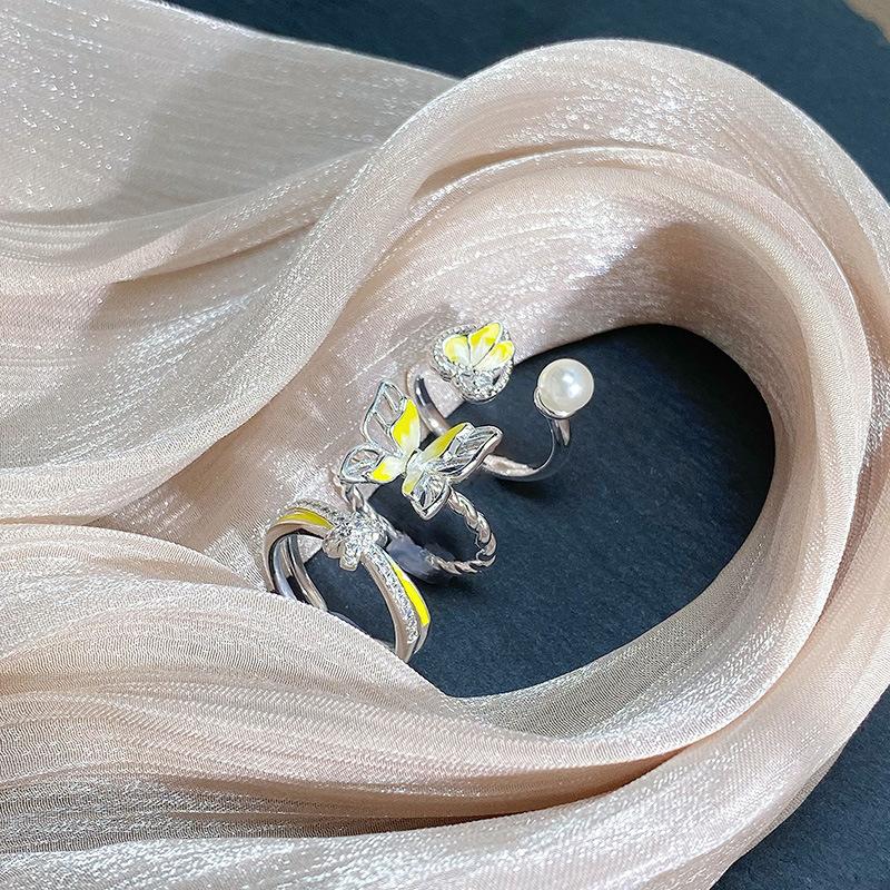 Butterfly Opening Ring Yellow Enamel Bow Light Luxury High Sense Unique Artistic Sense Student Party Ring