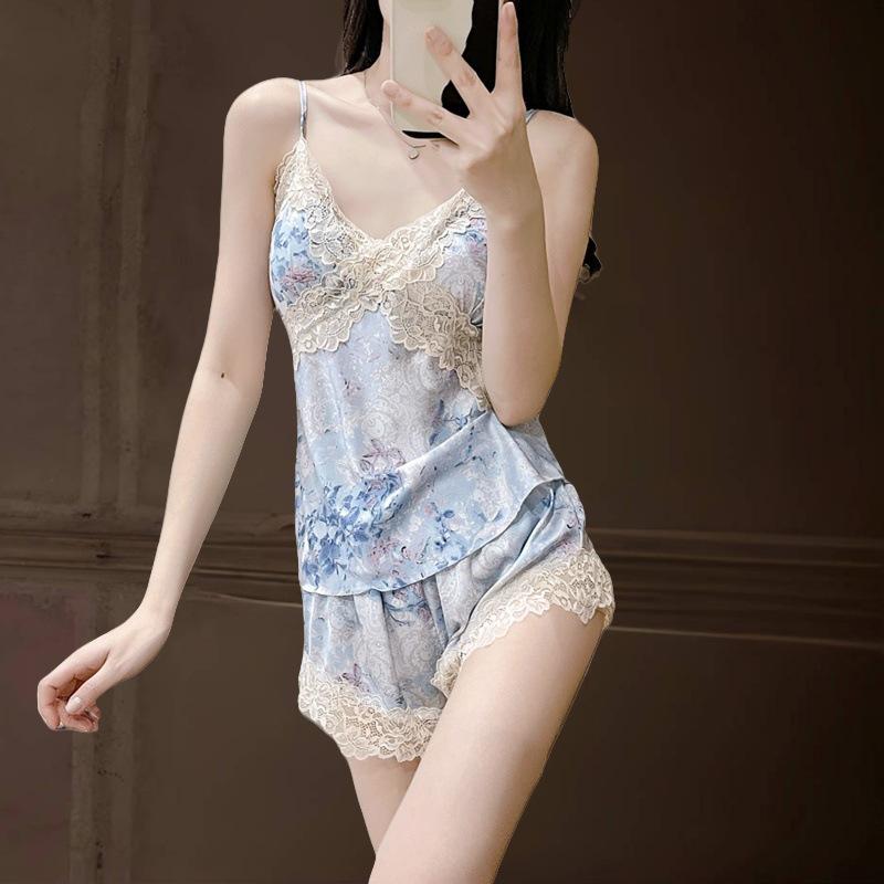 Women's Spring Summer Sexy Pajamas Ice Silk Pajamas Suspender Shorts Thin Loungewear Live