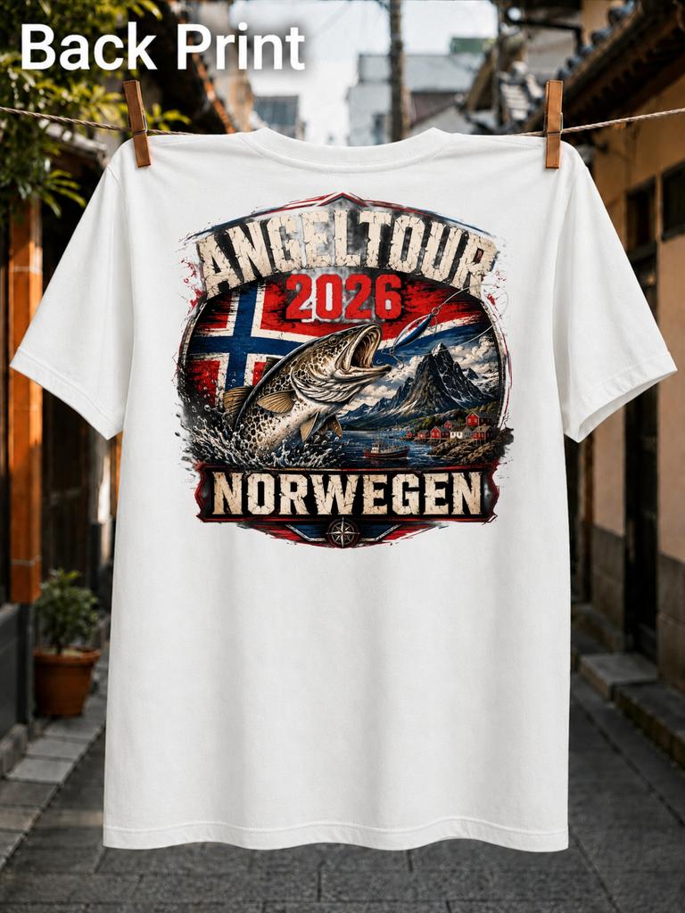 Gerunisex Angeltour 2026 Norwegen Fish Lure Norwegian Flag Fjord Mountains Cabins And Boat Vintage Unisex All Tshirt