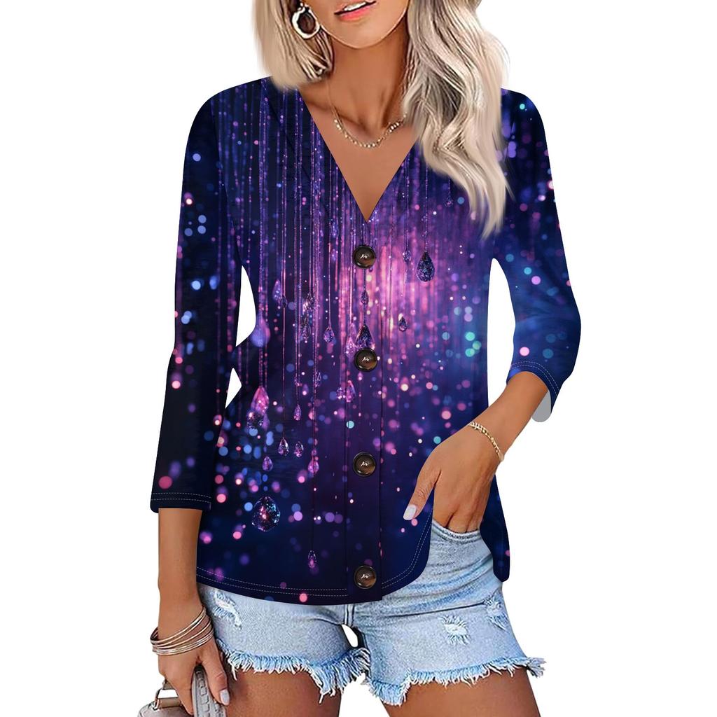 Women's Fashion Casual Print Button-down Shirt 3/4 Long Sleeve Tops
