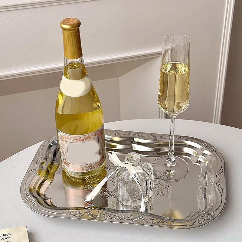 1Pcs Stainless Steel Rectangular Tray With Embossed Design For Kitchen Living Room Storage Durable Fruit Snack Cake Serving Dish