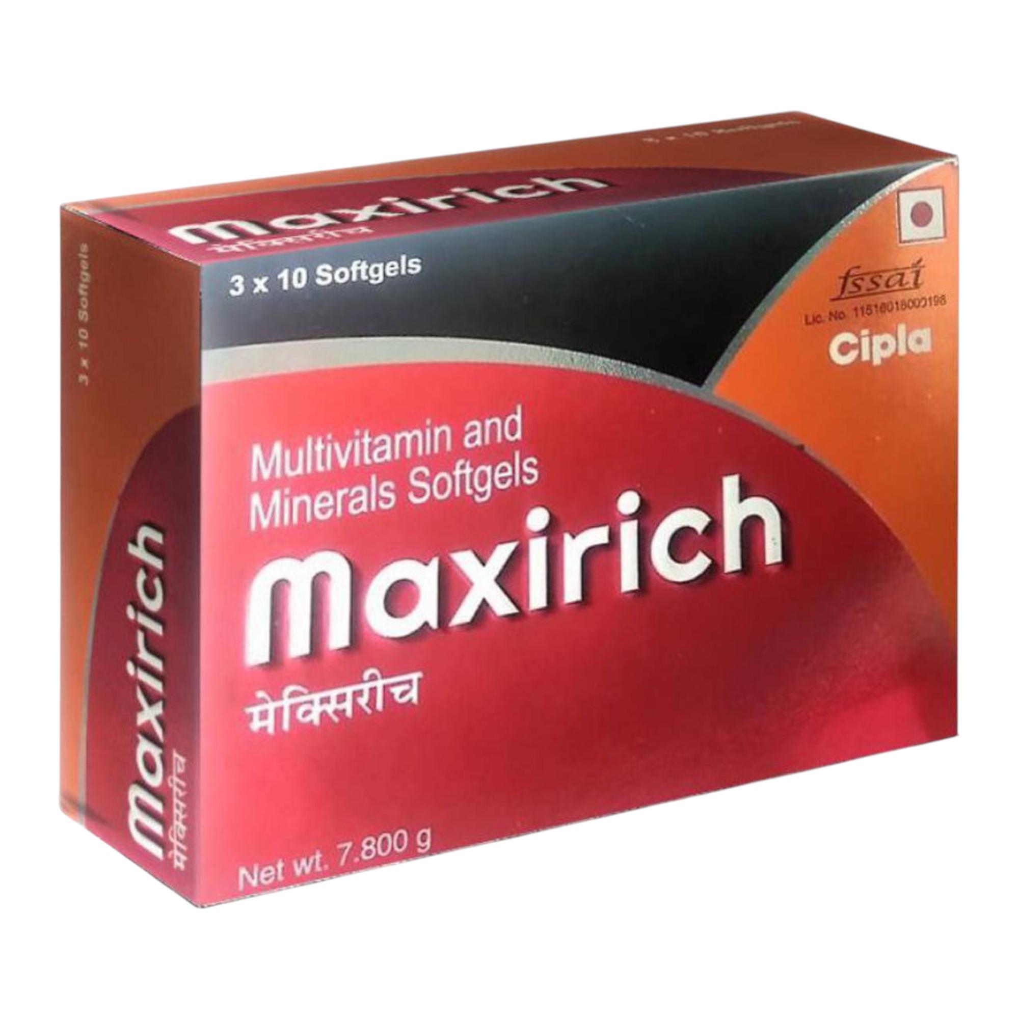 

Cipla Maxirich Daily Multivitamin Softgel (3 x 10 Capsules) total 30 capsules Carton Boost Energy Immunity Performance