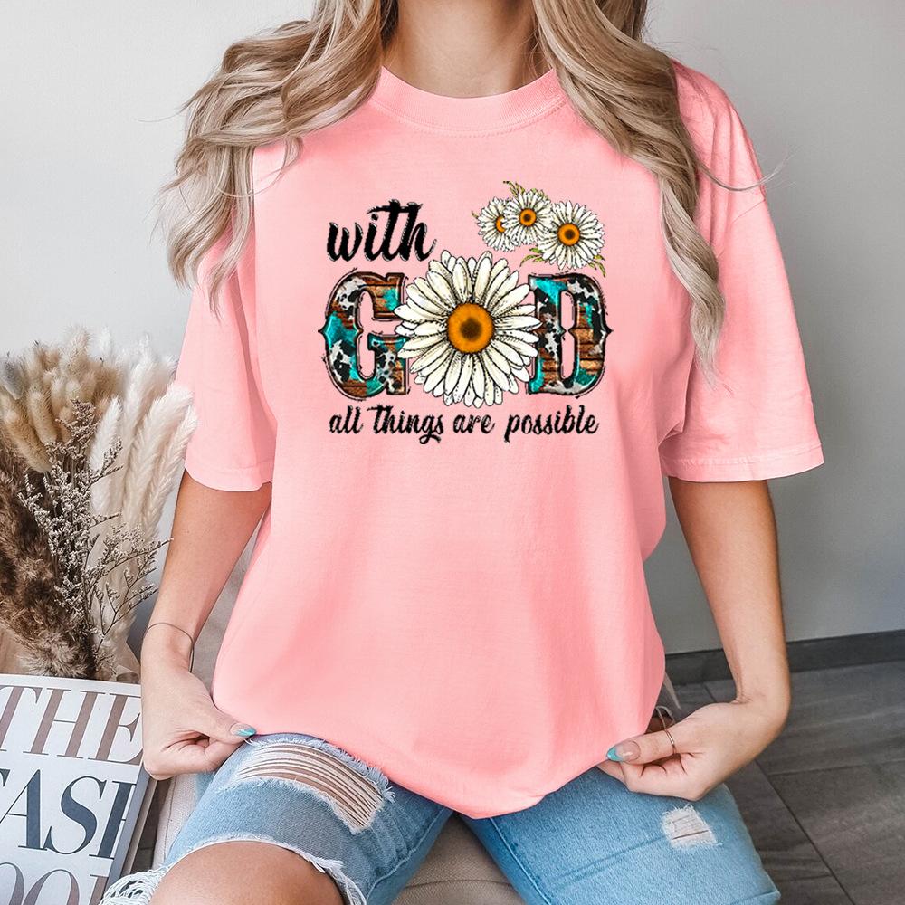 Cotton T-Shirt Short Sleeve Round Neck Women 2d Print Tops