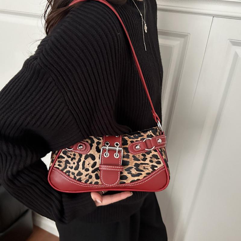 Retro Belt Buckle Leopard Print Casual Single Shoulder Autumn Winter New Style Fashion Rivet Large Capacity Underarm Bag. KTB