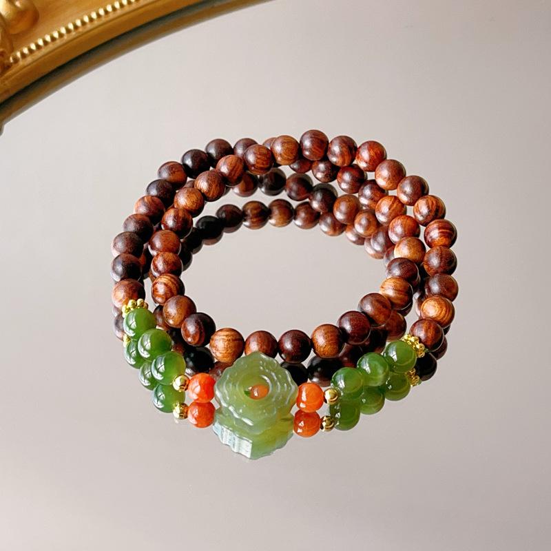 Rosewood with Hetian jade jasper Nanhong agate round bead bracelet.