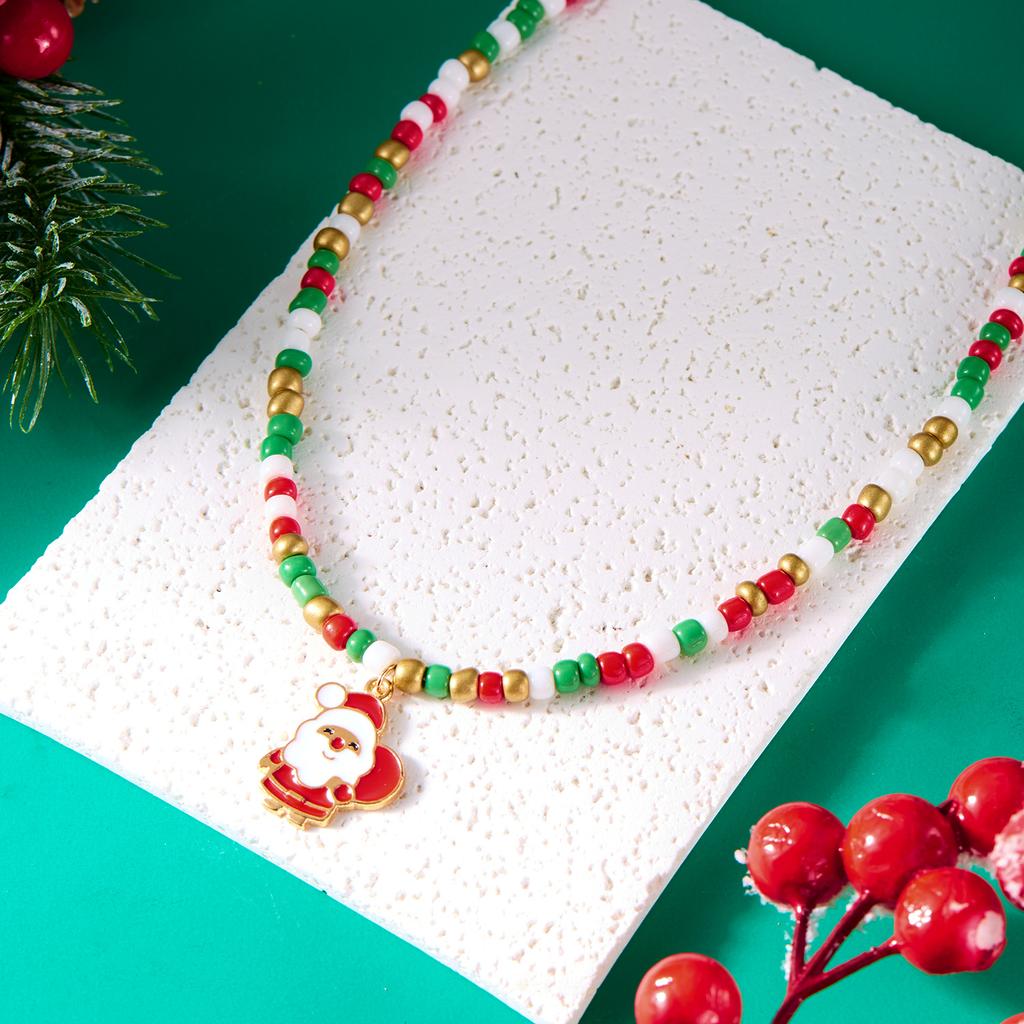 Merry Christmas Rice Beads Necklace For Women Girls Christmas Tree Snowman Santa Claus Crutch Clavicle Choker Xmas Jewelry Gifts