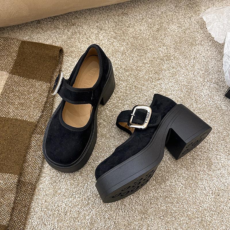 Höhenzunahme Frühling 2025 Plateau kleine Lederschuhe Damen schwarz Französische neue High Heels kleiner dicker Absatz Mary Jane Schuhe