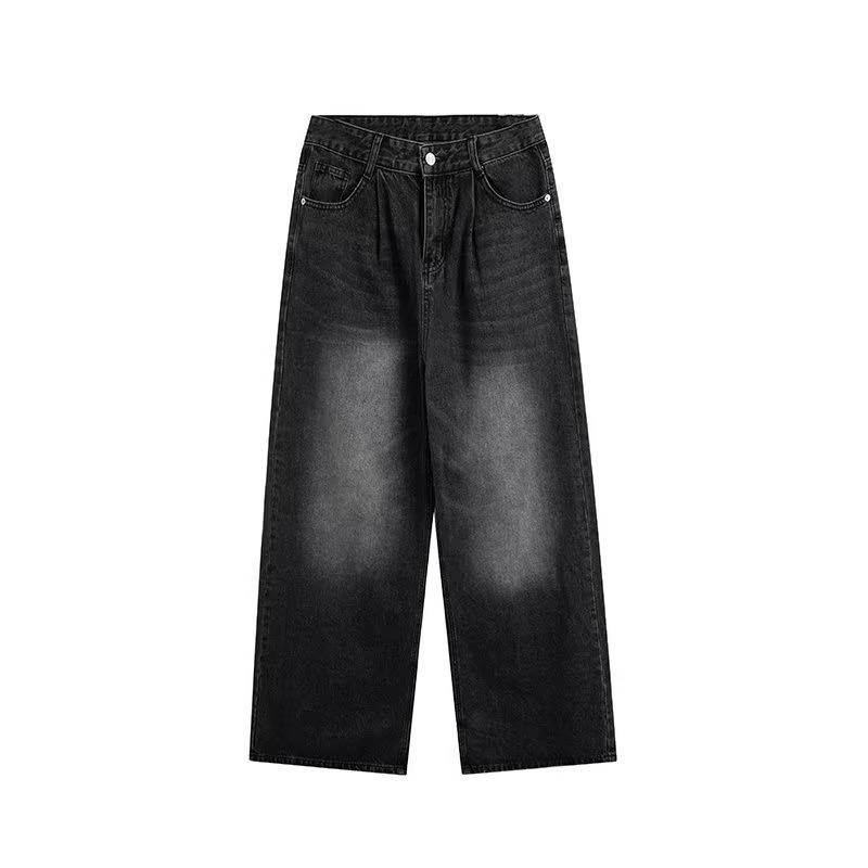 Men's 2024 Washed Black Wide-Leg Jeans - Tall, Casual, Loose Fit, American Trend for Spring & Autumn.