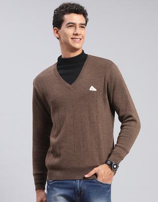 Mens Solid Brown V Neck Full Sleeve Pullover