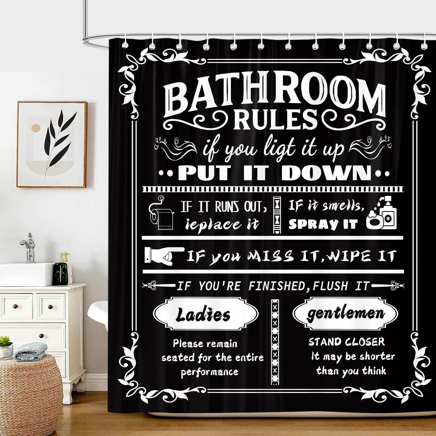 

Black And White Bathroom Rules Shower Curtain, Funny Quotes Washable Waterproof Fabric Curtain W60H190(CM)-1 Pcs