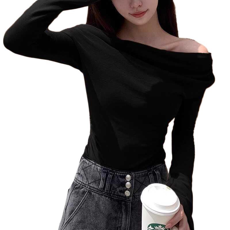 Elegant Slim-Fit Off-Shoulder Spicy T-Shirt for Women - Low-Cut, Long-Sleeved, Autumn/Winter Base Layer
