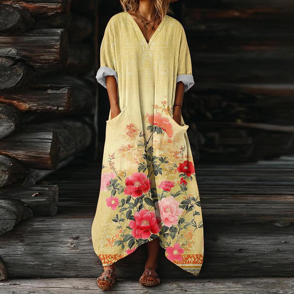 Luźna Sukienka Kaftan z Dekoltem V i Kwiatowym Wzorem z Kieszeniami Długi Rękaw Codzienna Sukienka Maxi dla Kobiet Wygodny Design
