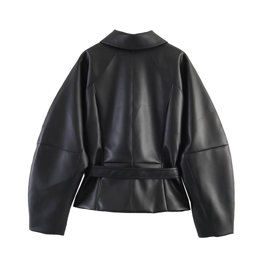 2026 summer new European and American cross-border women's clothing street fashion lapel imitation leather belt jacket w021 83053