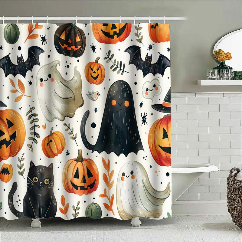 Halloween-themed shower curtain featuring spooky ghosts and ghouls perfect for your haunted house!