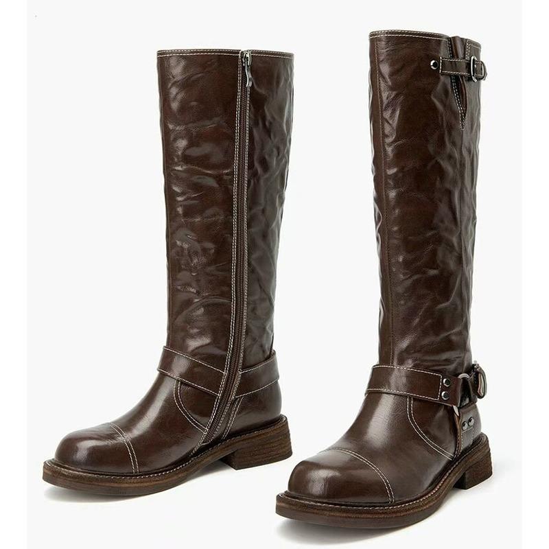 Fashion Autumn Winter Retro Belt Buckle Black Brown Low Heel Knee High Boots New Fashion Show Styles Commuting Shopping Women Shoes 43