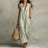 Damen Gestreiftes Baumwoll-Leinen Maxikleid Ärmellos Rüschen V-Ausschnitt Langes Kleid Boho Strand Fließendes Sommerkleid mit Taschen