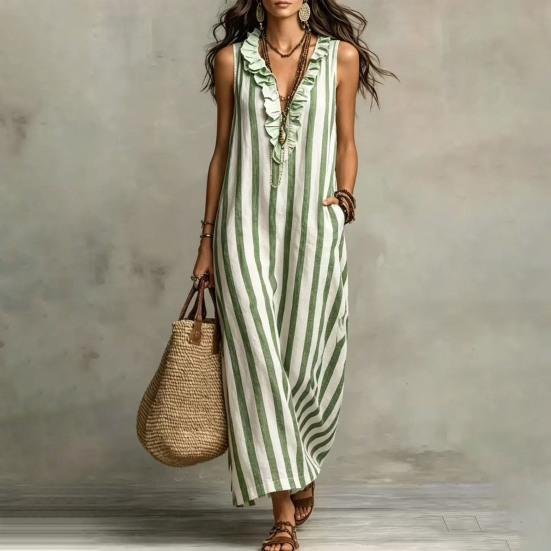 Damen Gestreiftes Baumwoll-Leinen Maxikleid Ärmellos Rüschen V-Ausschnitt Langes Kleid Boho Strand Fließendes Sommerkleid mit Taschen