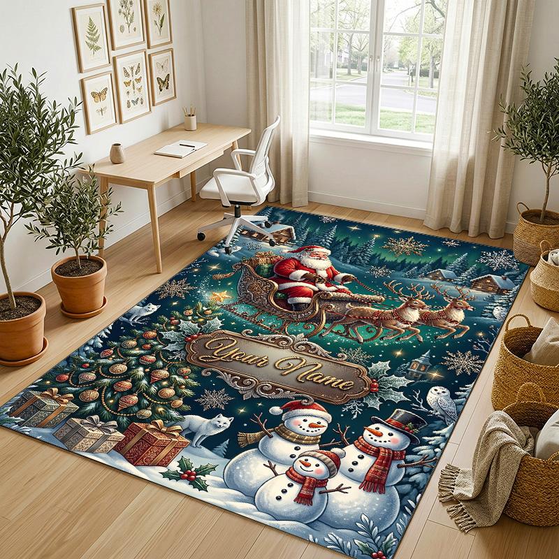 Christmas Theme Crystal Velvet Rug Personalized Custom Name Text Soft Floor Mat Home Decor