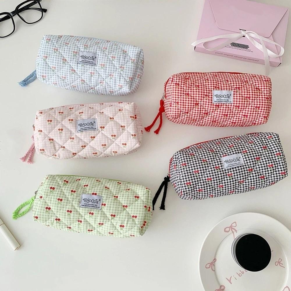Large Capacity Fruit Cherry Pencil Bag Single Layer Cloth Plaid Pen Bag  Birthday Gift