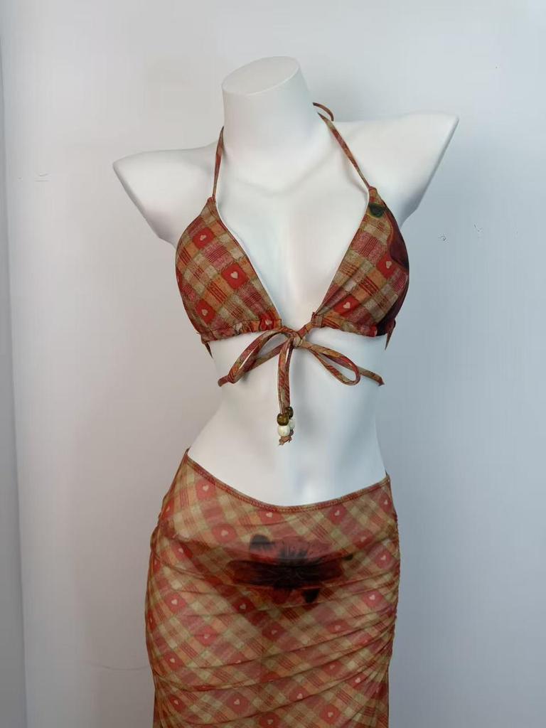 Koreański Trzyczęściowy Zestaw Bikini Push-Up - Seksowny Kostium Kąpielowy dla Małego Biustu na Wakacje i do Gorących Źródeł