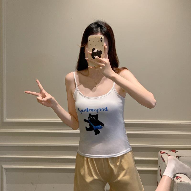 Women's Cartoon Camisole Tank Top Pajamas Set with Chest Pads - Summer Home Wear for Girls with Shorts