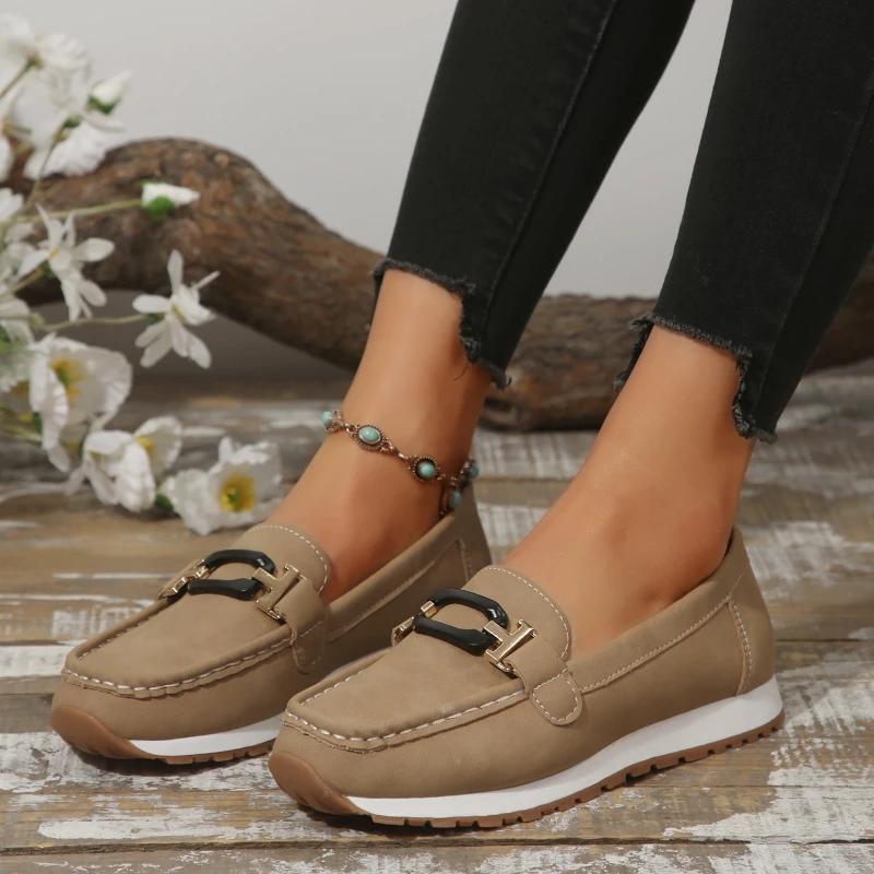 2025 Spring New Women's Buckle Low-top Casual Shoes Fashion Round-toed Vulcanized Shoes Comfortable Slip-on Women's Flat Shoes