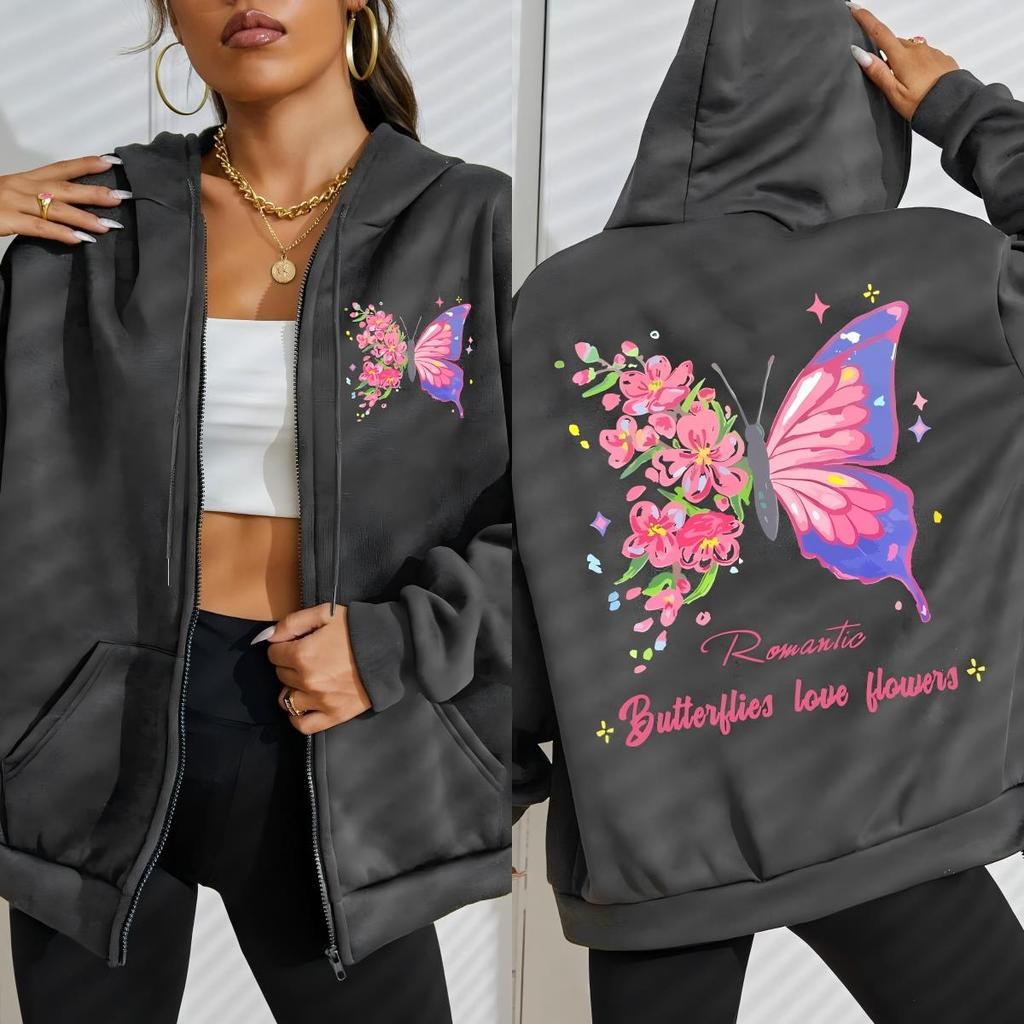 Butterflies Love Flowers Colorful Pattern Women Zipper Hoodies Y2K Loose Hoody Zip-Up Fleece Hoodie Autumn Clothing