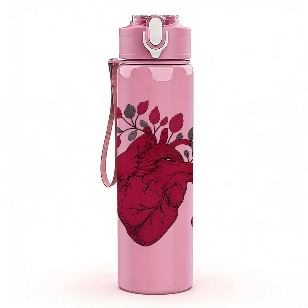 1PC Human Heart Floral Print 750ml Color Plastic Sports Water Bottle Leakproof Flip Straw Lid Suitable for Sports Office Home Use