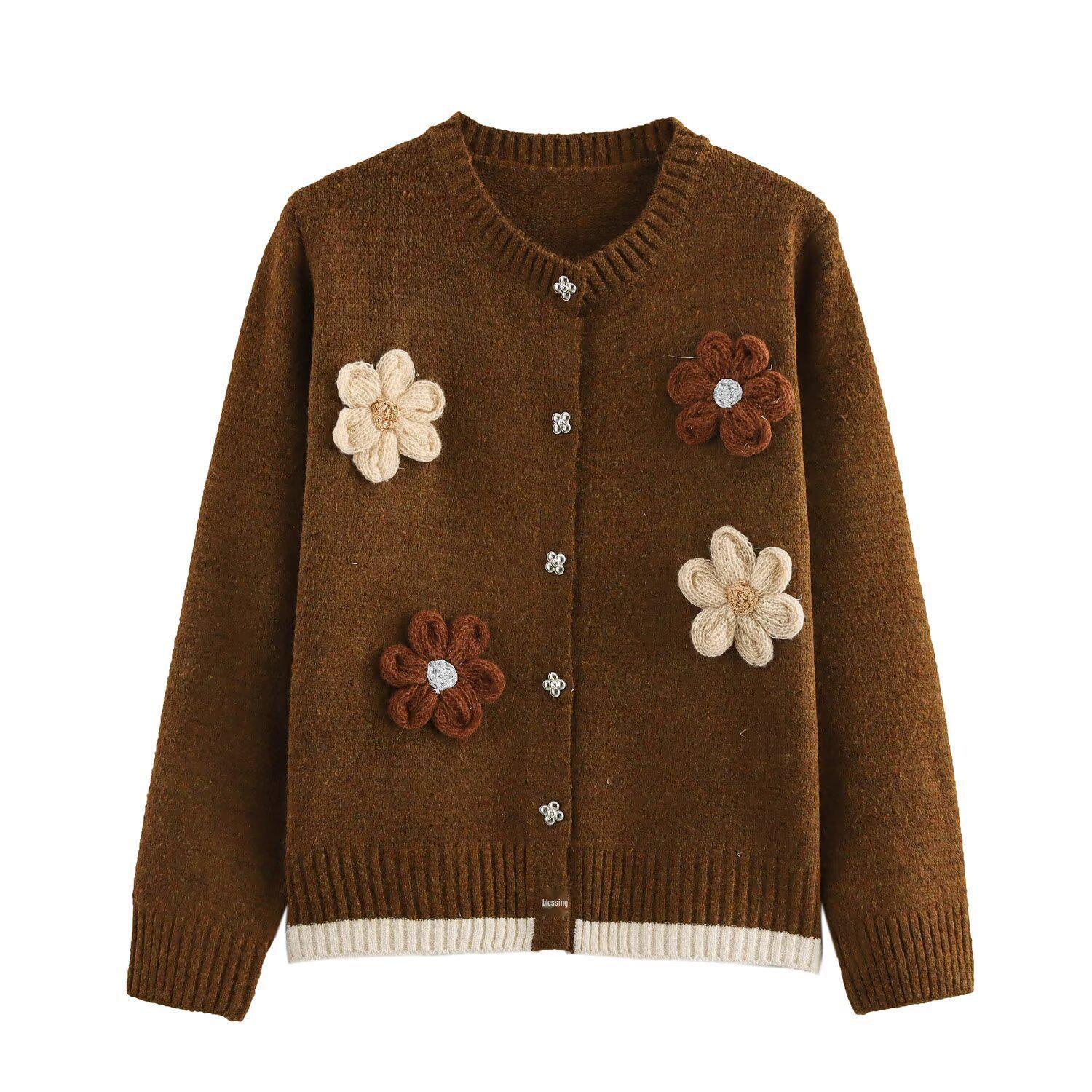 

2024 Зимний женский европейско-американский вязаный кардиган с цветочным узором, круглым вырезом и длинными рукавами One Size