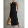 Womens Green Sleeveless Halter Neck Long Dress with Embroidery Detail