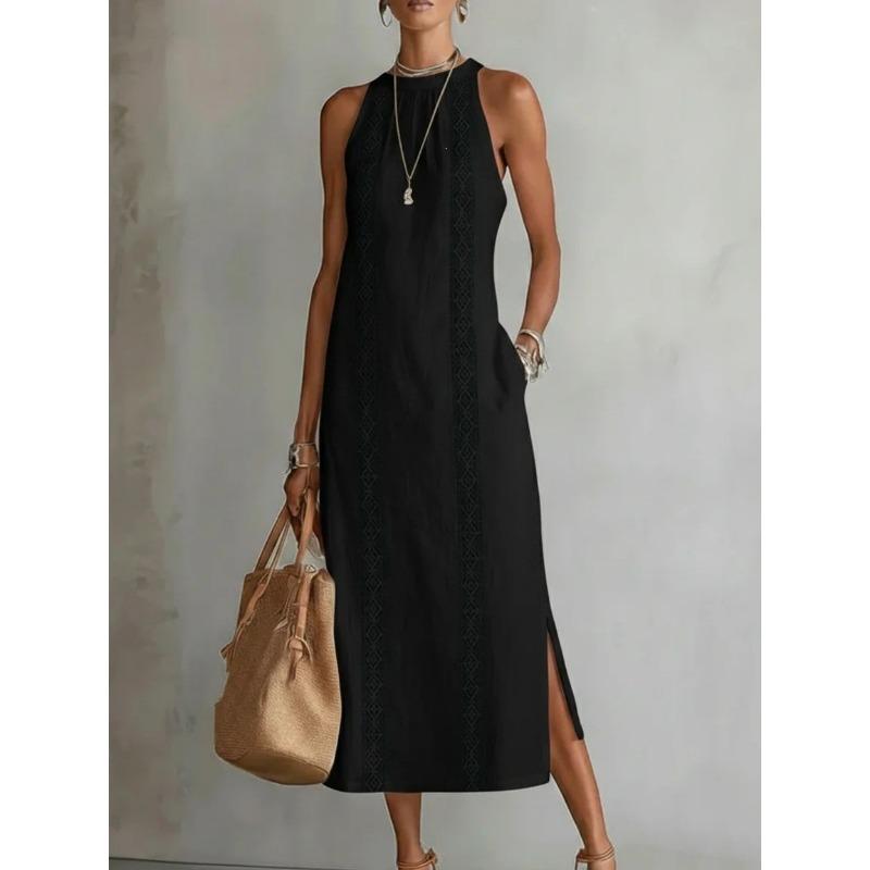 Womens Green Sleeveless Halter Neck Long Dress with Embroidery Detail