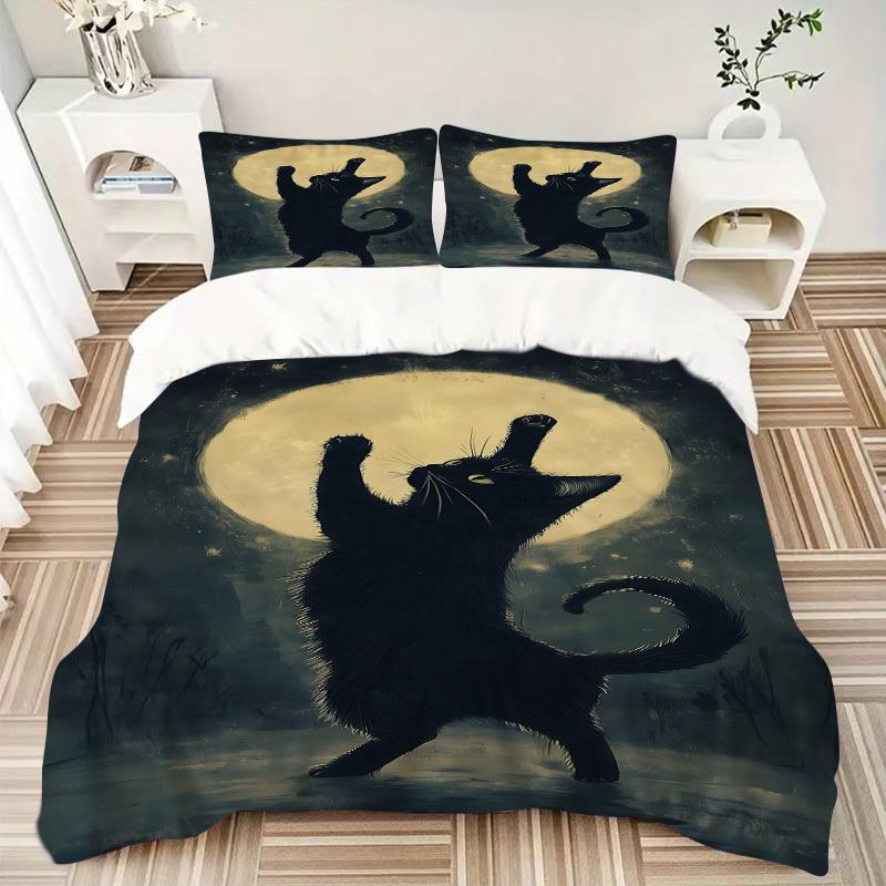 3Pcs Black Cat Moon Night Printed Bedding Set, Breathable And Soft, Machine Washable, Christmas Gift, Suitable for Bedroom Decoration, 15179