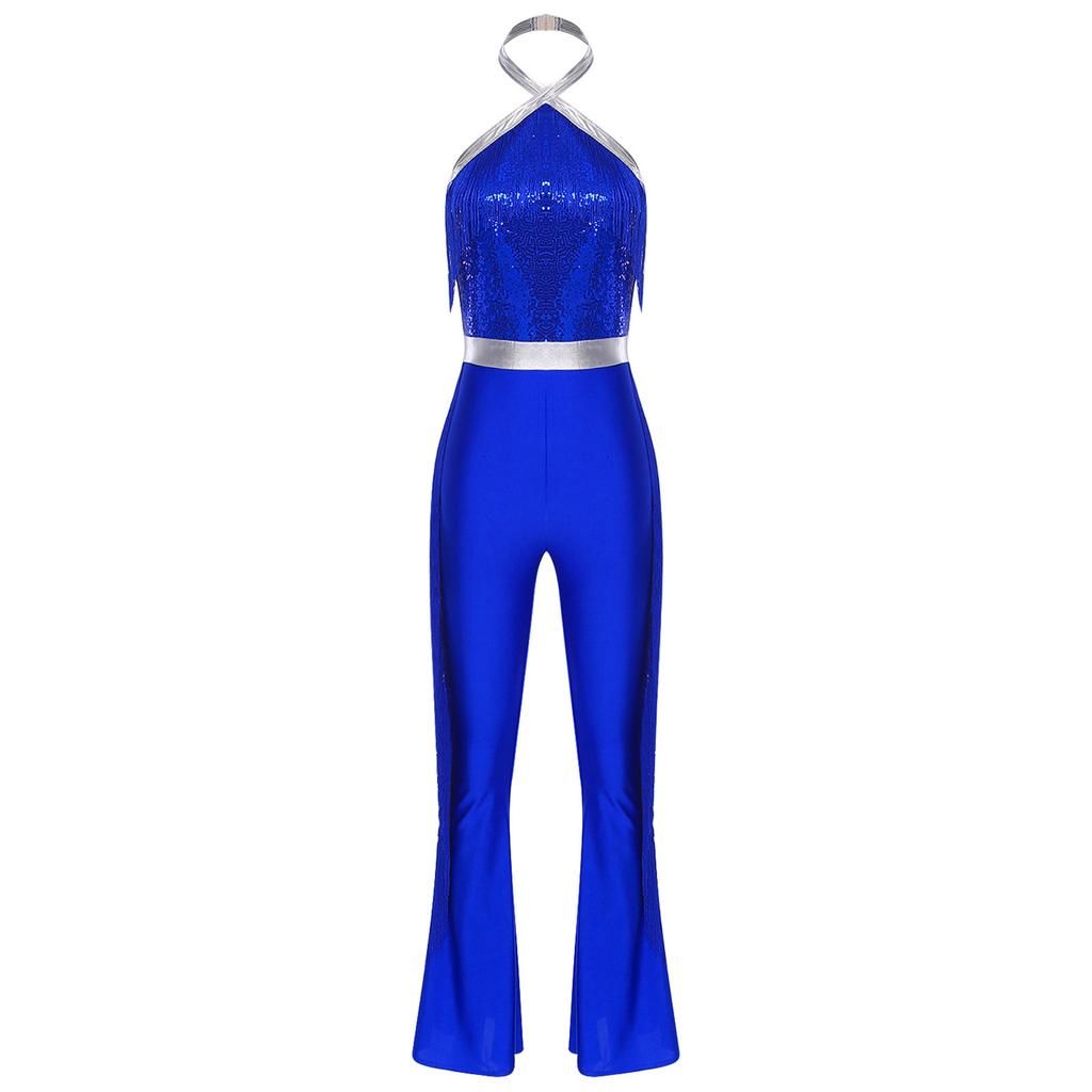 Womens 70s Disco Halter Sequined Top Tassel Fringe Flared Pants Romper Shiny Metallic Jumpsuit