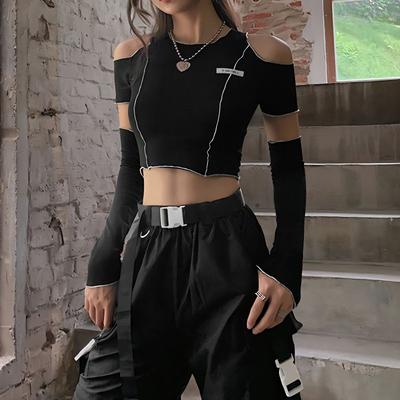 Patchwork Black T-shirts Gothic One Shoulder Sleeve Y2k Crop Tops Ruffles Hem Hip Hop Techwear Women Tees
