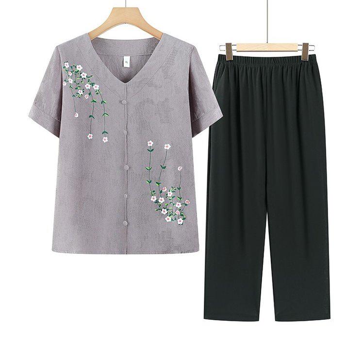 Summer Two-Piece Set for Middle-Aged and Elderly Women: Short-Sleeved T-shirt and Top.