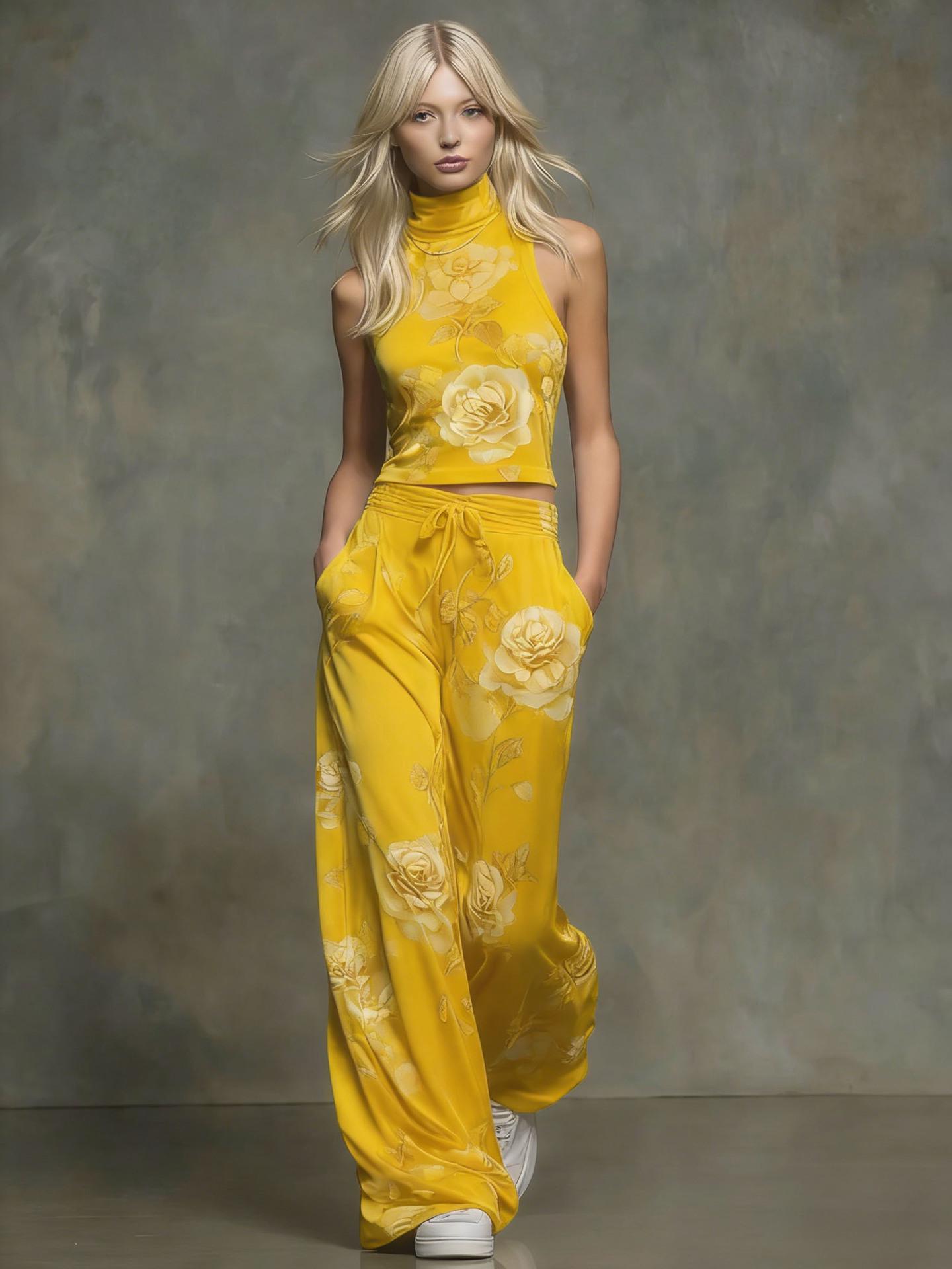 

2026 European Elegant Printed Vest & Wide-leg Pants Two-piece Set Extra Large жёлтый
