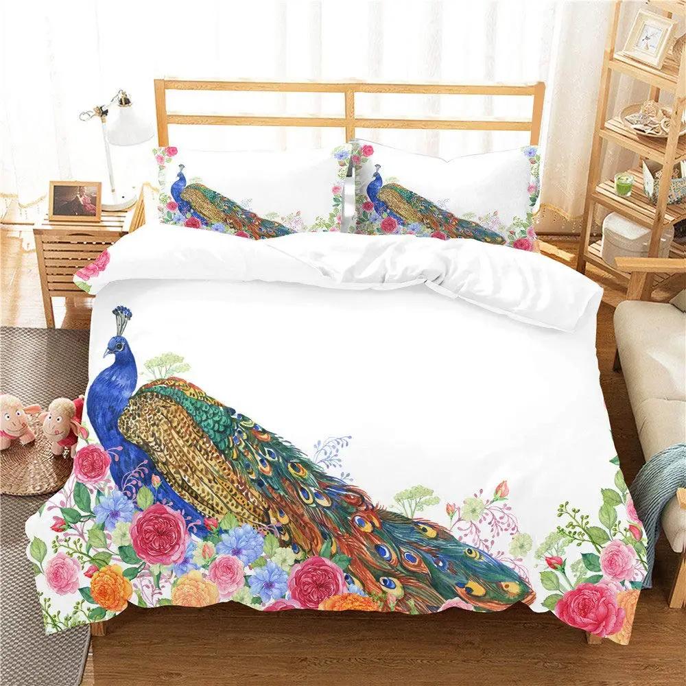 Påfugn Dynetrekksett Elegant Nydelig Blå Fjær Dynetrekk Jenter Kvinner Rosa Blomst Fugler Dyr Polyester Dyne Trekk