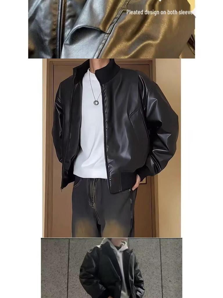 American Style Men's Casual Baseball Jacket - PU Leather, Thick Cotton Padded