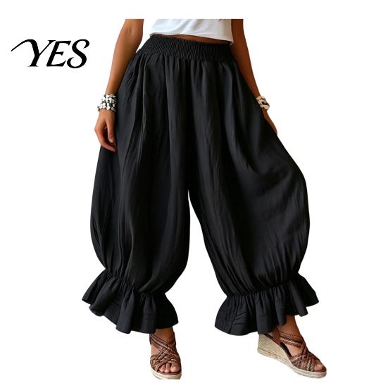 Commuting Pants Women Bloomers, High Elastic Waistband Wide Leg Trousers, Bohemian Ruffled Adjustable Waist Balloon Cuffs Super Loose Harem for Casual
