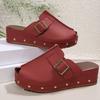 Women's Beige Wedge Sandals - Comfortable Open-Toe Slip-On Clogs with Buckle Straps & Studded Sole, Casual Summer Platform Shoes in Red, Black, or Tan