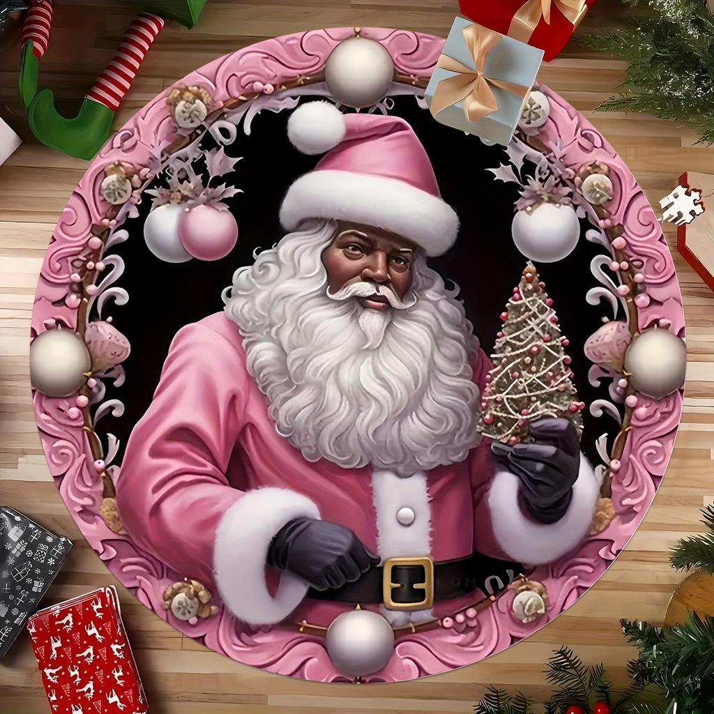 1Pcs Christmas Black Santa Pattern Round Area Rug Indoor Non-Slip Washable Fiber Carpet Soft Comfortable Mat For Bedroom Living Room